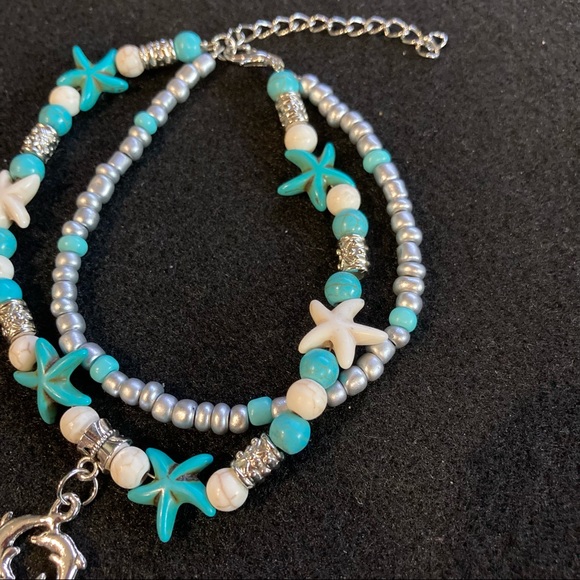 Dolphin Starfish Silver Toned Turquoise Beaded Boho Anklet - Picture 6 of 7